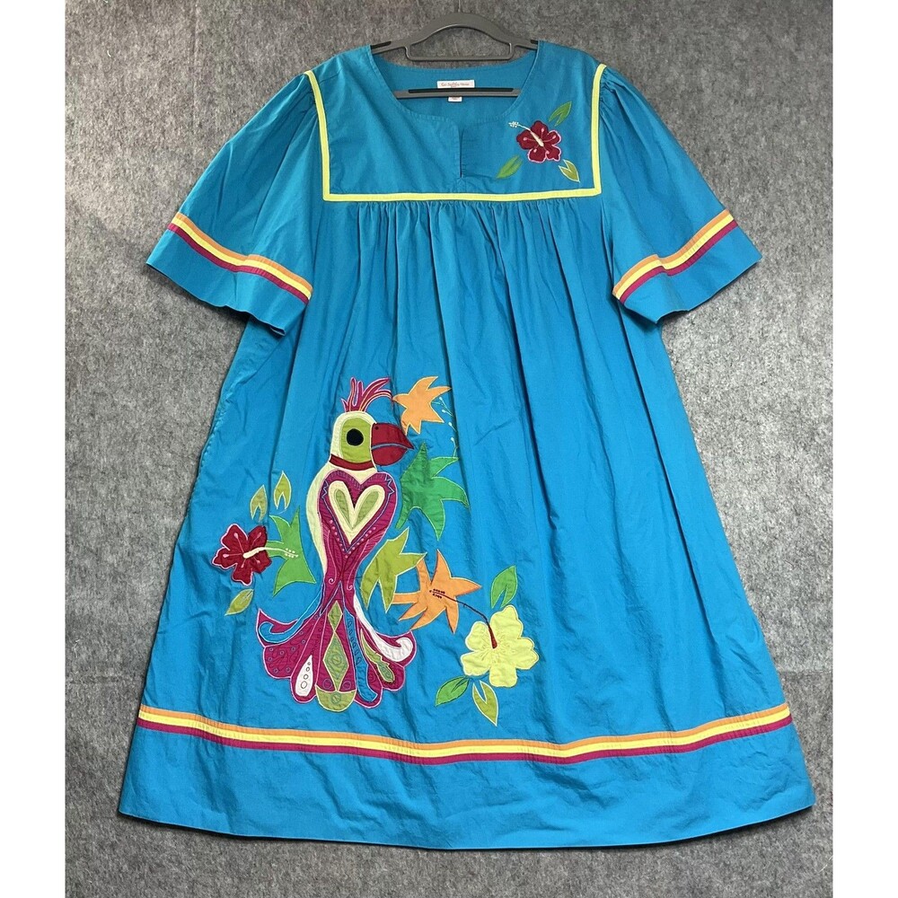 Go Softly Woman Patio Dress Womens 2X Blue Parrot Embroidered Tropical Kaftan *